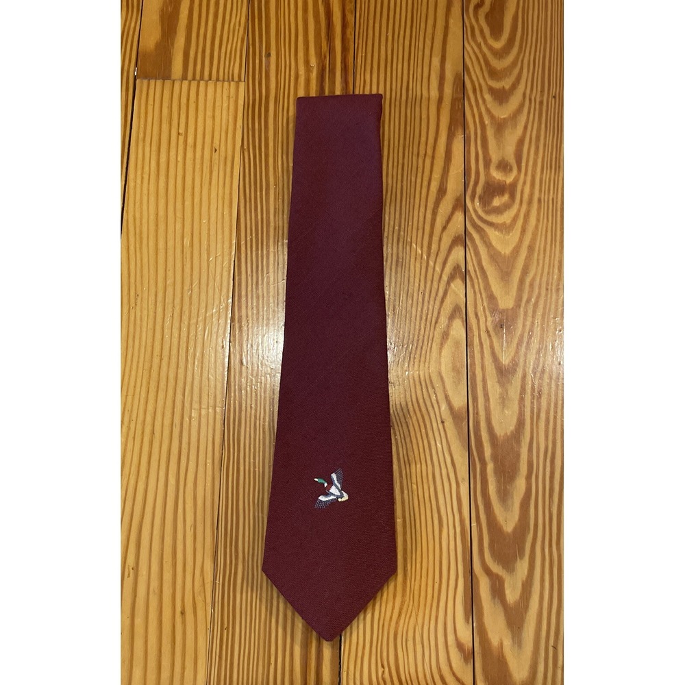 VTG Salem Town Collection Poly Linen Embroidered Mallard Duck Neck Tie Maroon!!